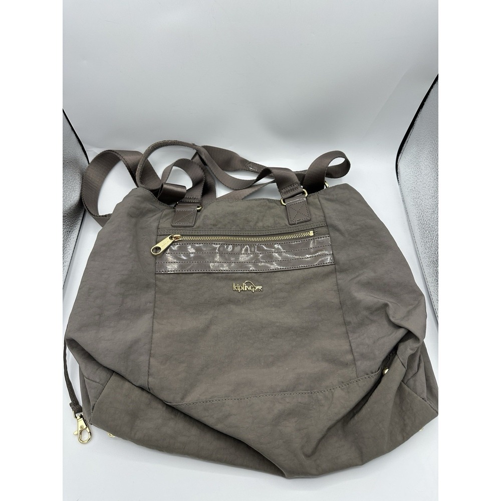 Kipling Brown Nylon Tote Shoulder Bag Gold Zip Large Handbag Purse Leah Dune